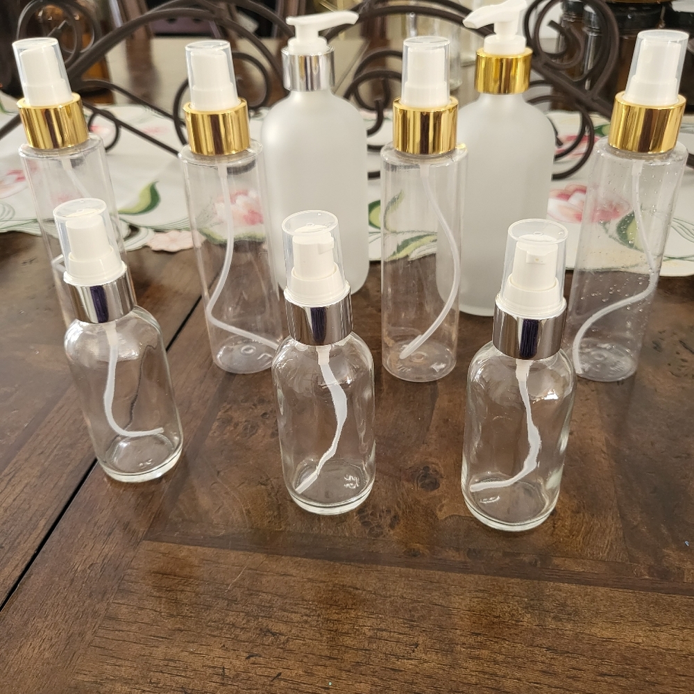 9 sprayers & pumps w/ metallic gold & silver cap 2oz/4oz/6oz